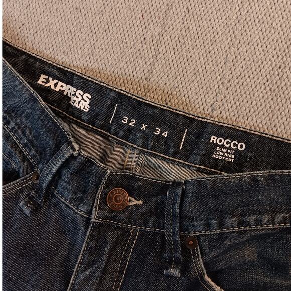 Express Jeans Rocco Mens 33X34 Dark Wash Slim Boot Cut Distressed Street - Picture 8 of 16
